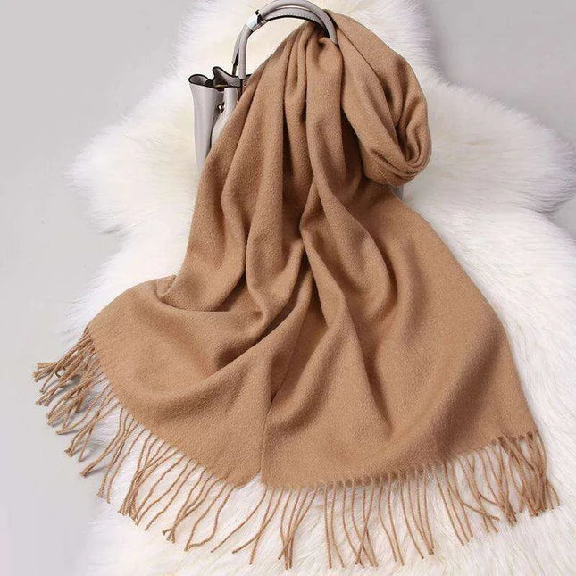 Elegant Tassel-Trimmed Lamb Wool Wrap - Luxe Winter Scarf for Fashionable Warmth