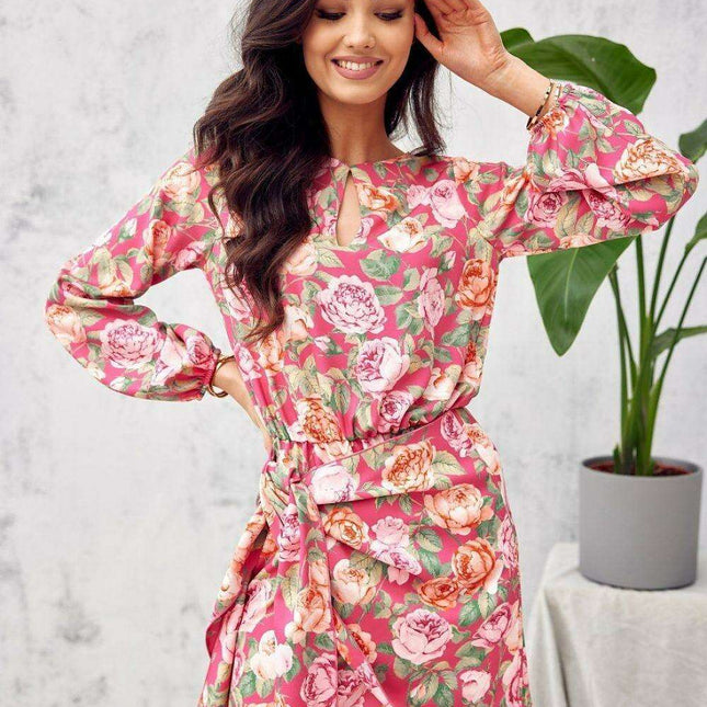 Elegant Teardrop Neckline Mini Dress with Adjustable Waist Tie