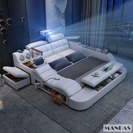 Elegant Tech-Enhanced King-Size Leather Bed with Massage and Multimedia Features - Très Elite