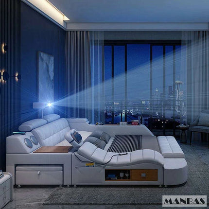Elegant Tech-Enhanced King-Size Leather Bed with Massage and Multimedia Features - Très Elite