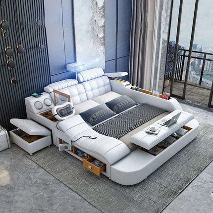 Elegant Tech-Enhanced King-Size Leather Bed with Massage and Multimedia Features - Très Elite