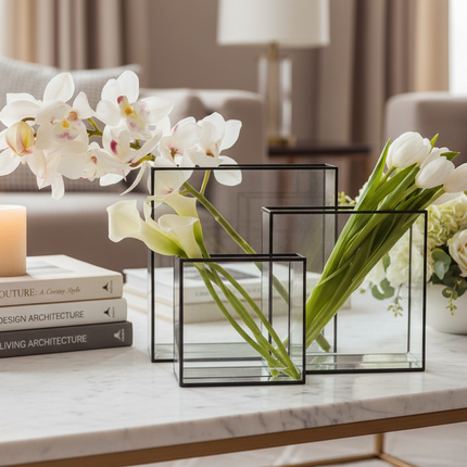 Set of 3 Square Vases with Modern Black Accents for Home and Garden Decor
