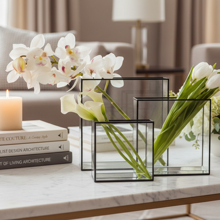 Set of 3 Square Vases with Modern Black Accents for Home and Garden Decor