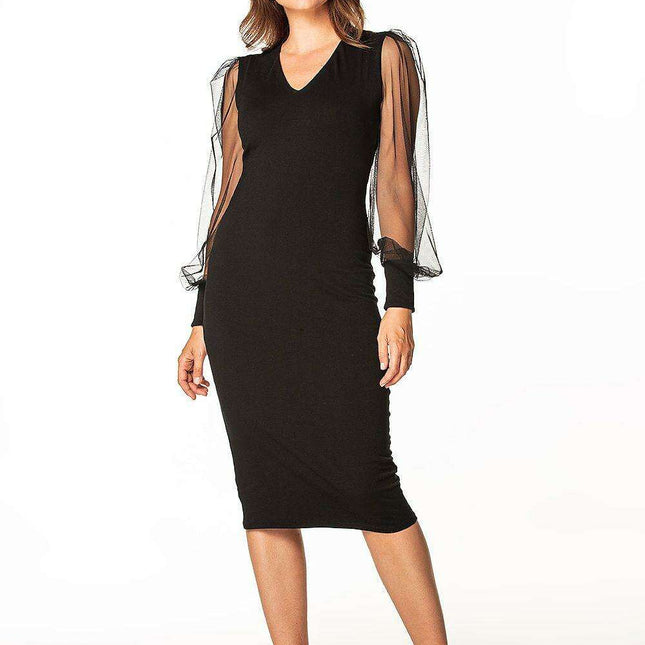 Elegant Tulle-Sleeved Cotton Midi Dress