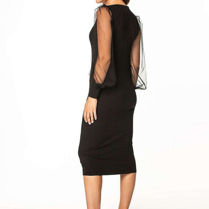 Elegant Tulle-Sleeved Cotton Midi Dress