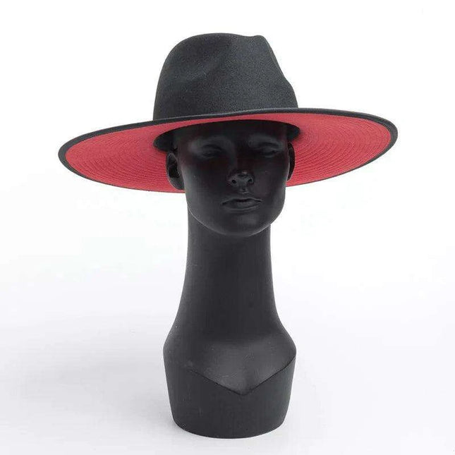 Elegant Two-Tone Red and Black Wool Fedora Hat for Women - Stylish Winter Accessory for Special Occasions