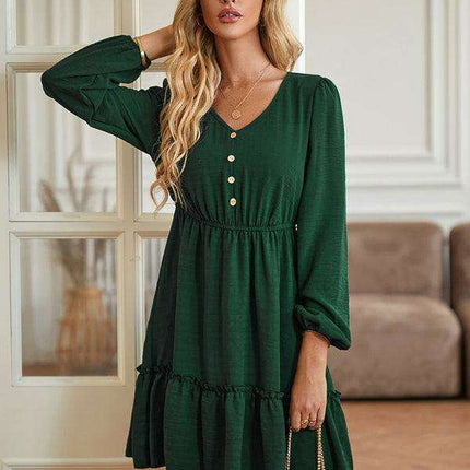 Elegant V-Neck Dress with Stylish Button Accents for Any Occasion - Très Elite