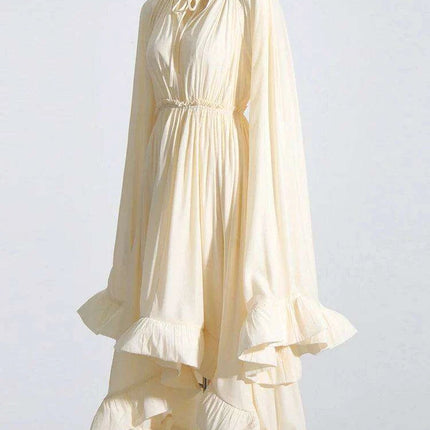 Elegant V-Neck High Waist Ruffled Patchwork Dress with Cloak Sleeves for Women - Stylish Irregular Hem Design - Très Elite