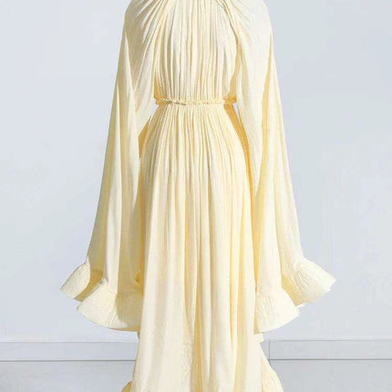 Elegant V-Neck High Waist Ruffled Patchwork Dress with Cloak Sleeves for Women - Stylish Irregular Hem Design - Très Elite