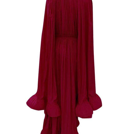 Elegant V-Neck High Waist Ruffled Patchwork Dress with Cloak Sleeves for Women - Stylish Irregular Hem Design - Très Elite
