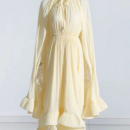 Elegant V-Neck High Waist Ruffled Patchwork Dress with Cloak Sleeves for Women - Stylish Irregular Hem Design