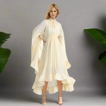 Elegant V-Neck High Waist Ruffled Patchwork Dress with Cloak Sleeves for Women - Stylish Irregular Hem Design - Très Elite