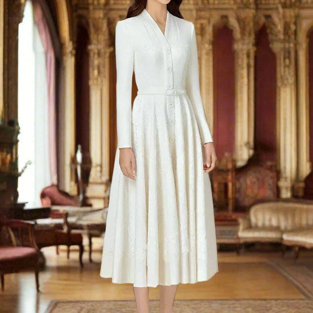 Elegant V-Neck Lace Pleated Belted Evening Gown - Autumn Edition