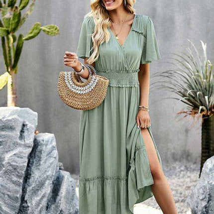 Elegant V-Neck Maxi Dress with Stylish Waist Slit in Premium Fabric Blend - Très Elite
