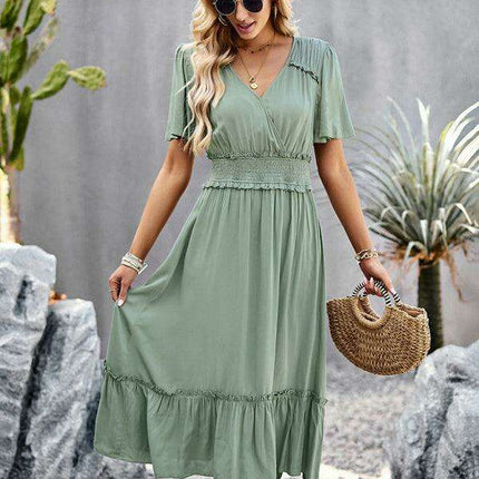 Elegant V-Neck Maxi Dress with Stylish Waist Slit in Premium Fabric Blend - Très Elite