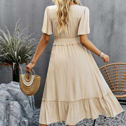 Elegant V-Neck Maxi Dress with Stylish Waist Slit in Premium Fabric Blend - Très Elite