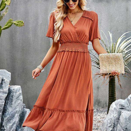 Elegant V-Neck Maxi Dress with Stylish Waist Slit in Premium Fabric Blend