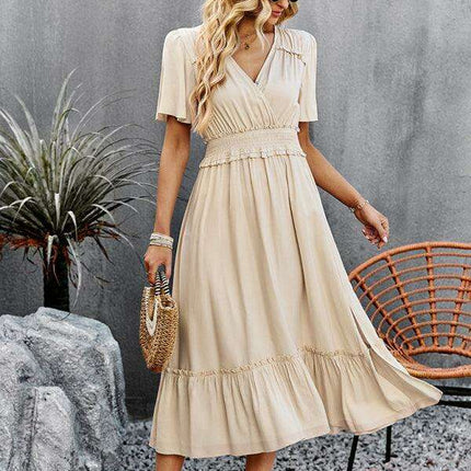 Elegant V-Neck Maxi Dress with Stylish Waist Slit in Premium Fabric Blend - Très Elite