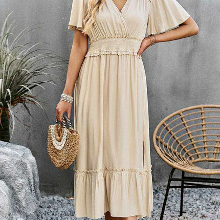Elegant V-Neck Maxi Dress with Stylish Waist Slit in Premium Fabric Blend - Très Elite