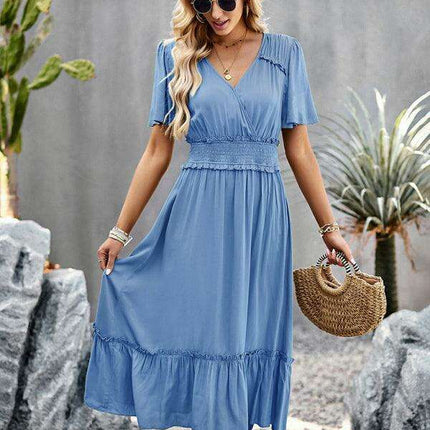 Elegant V-Neck Maxi Dress with Stylish Waist Slit in Premium Fabric Blend - Très Elite