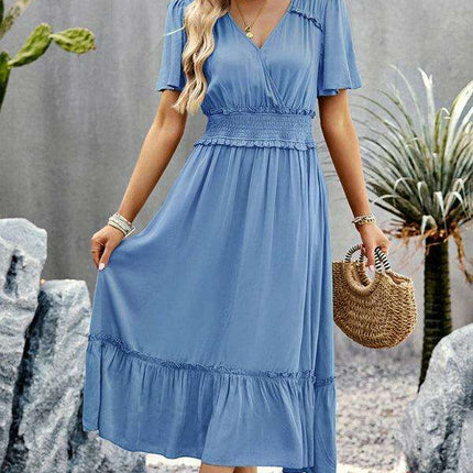 Elegant V-Neck Maxi Dress with Stylish Waist Slit in Premium Fabric Blend - Très Elite
