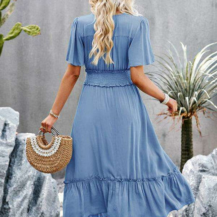 Elegant V-Neck Maxi Dress with Stylish Waist Slit in Premium Fabric Blend - Très Elite