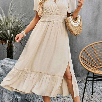 Elegant V-Neck Maxi Dress with Stylish Waist Slit in Premium Fabric Blend
