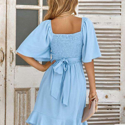 Elegant V-Neck Summer Dress with Ruffled Waist and Stylish Drop Sleeves - Très Elite