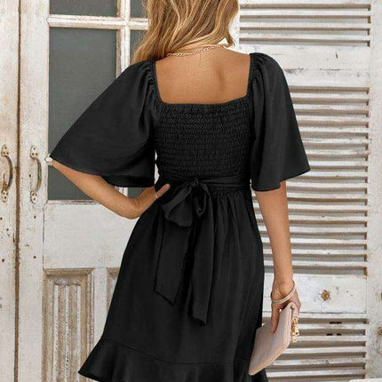 Elegant V-Neck Summer Dress with Ruffled Waist and Stylish Drop Sleeves - Très Elite