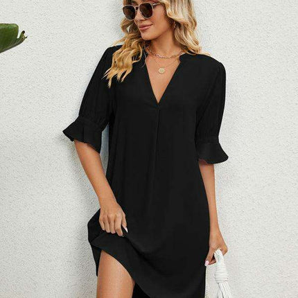 Elegant V-neck Dress with Gathered Sleeves - Très Elite