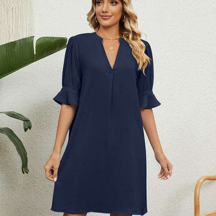 Elegant V-neck Dress with Gathered Sleeves - Très Elite