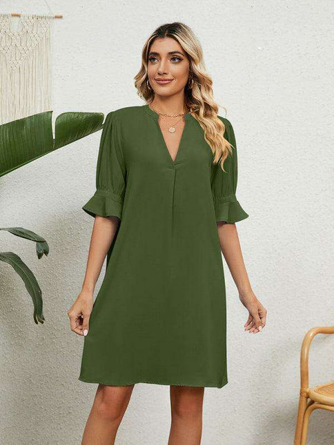 Elegant V-neck Dress with Gathered Sleeves