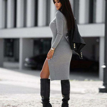 Elegant V-neck Knit Dress with Stylish Side Slit and Long Sleeves - Très Elite