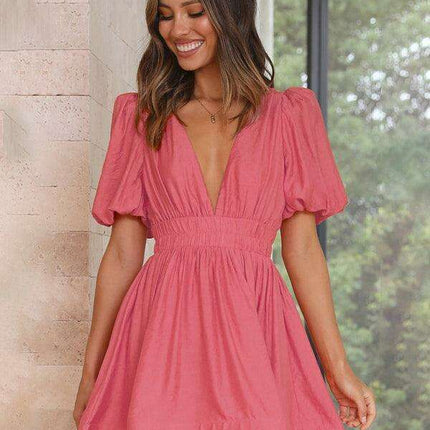 Elegant V-neck Lantern Sleeve Mini Dress