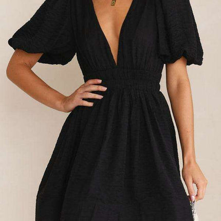 Elegant V-neck Lantern Sleeve Mini Dress