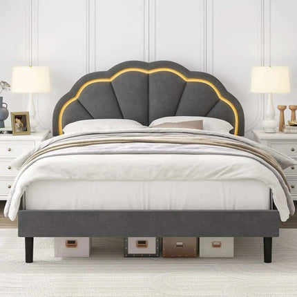 Elegant Velvet LED Flower Headboard Bed Frame - Full Size with Customizable Lighting Features- Très Elite- Très Elite