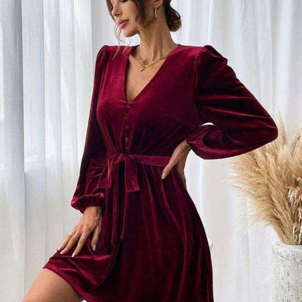 Elegant Velvet V-neck A-line Dress with Long Sleeves and Waist Detail - Très Elite