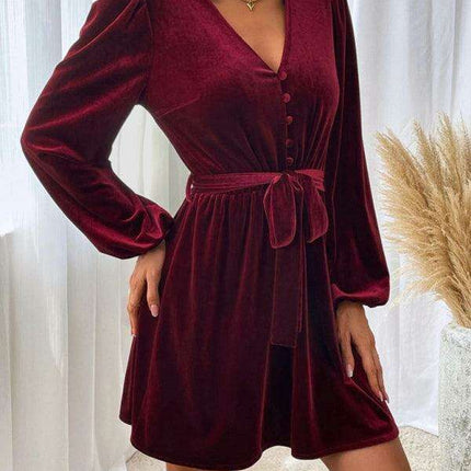 Elegant Velvet V-neck A-line Dress with Long Sleeves and Waist Detail - Très Elite