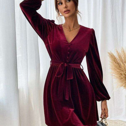 Elegant Velvet V-neck A-line Dress with Long Sleeves and Waist Detail - Très Elite