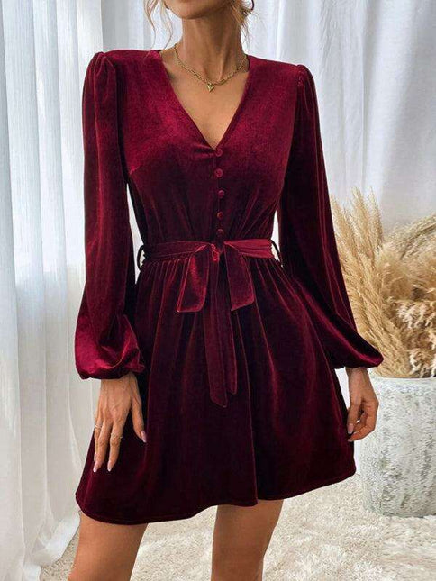 Elegant Velvet V-neck A-line Dress with Long Sleeves and Waist Detail