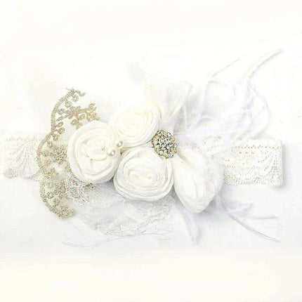 Elegant Vintage Baby Headband with Satin Flower, Feather, and Pearl Details - Très Elite