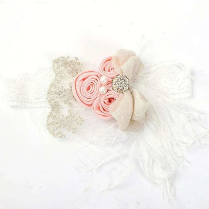 Elegant Vintage Baby Headband with Satin Flower, Feather, and Pearl Details - Très Elite