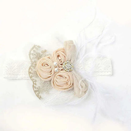 Elegant Vintage Baby Headband with Satin Flower, Feather, and Pearl Details - Très Elite