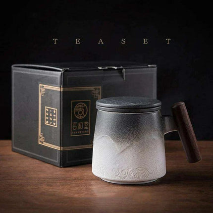 Elegant Vintage Ceramic Tea Mug Collection with Wooden Handle and Infuser Tray - Très Elite