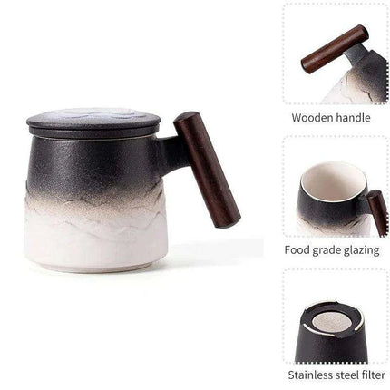 Elegant Vintage Ceramic Tea Mug Collection with Wooden Handle and Infuser Tray - Très Elite