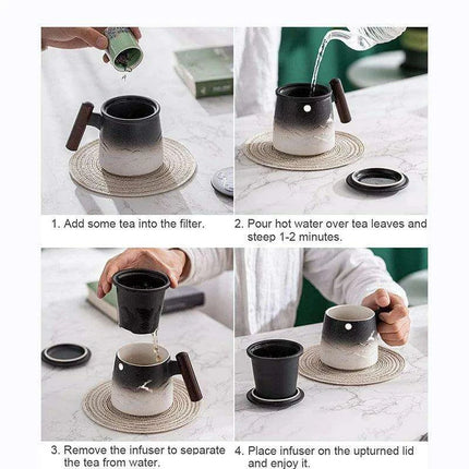 Elegant Vintage Ceramic Tea Mug Collection with Wooden Handle and Infuser Tray - Très Elite