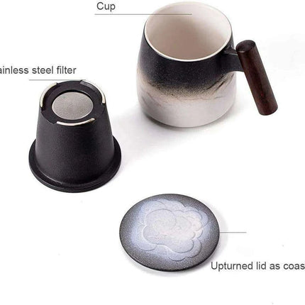 Elegant Vintage Ceramic Tea Mug Collection with Wooden Handle and Infuser Tray - Très Elite