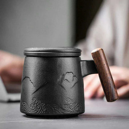 Elegant Vintage Ceramic Tea Mug Collection with Wooden Handle and Infuser Tray - Très Elite