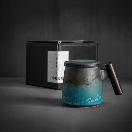 Elegant Vintage Ceramic Tea Mug Collection with Wooden Handle and Infuser Tray - Très Elite