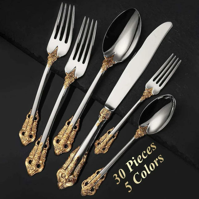 Elegant Vintage Gold-Plated Flatware Set with Colorful Accents for 6 - 30-Piece Collection